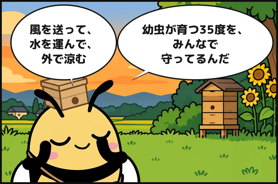 風を送って、水を運んで、外で涼む。幼虫が育つ35度を、みんなで守ってるんだ